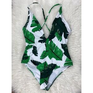 Cupshe Size S Green White Tropical Leaf One Piece Swimsuit